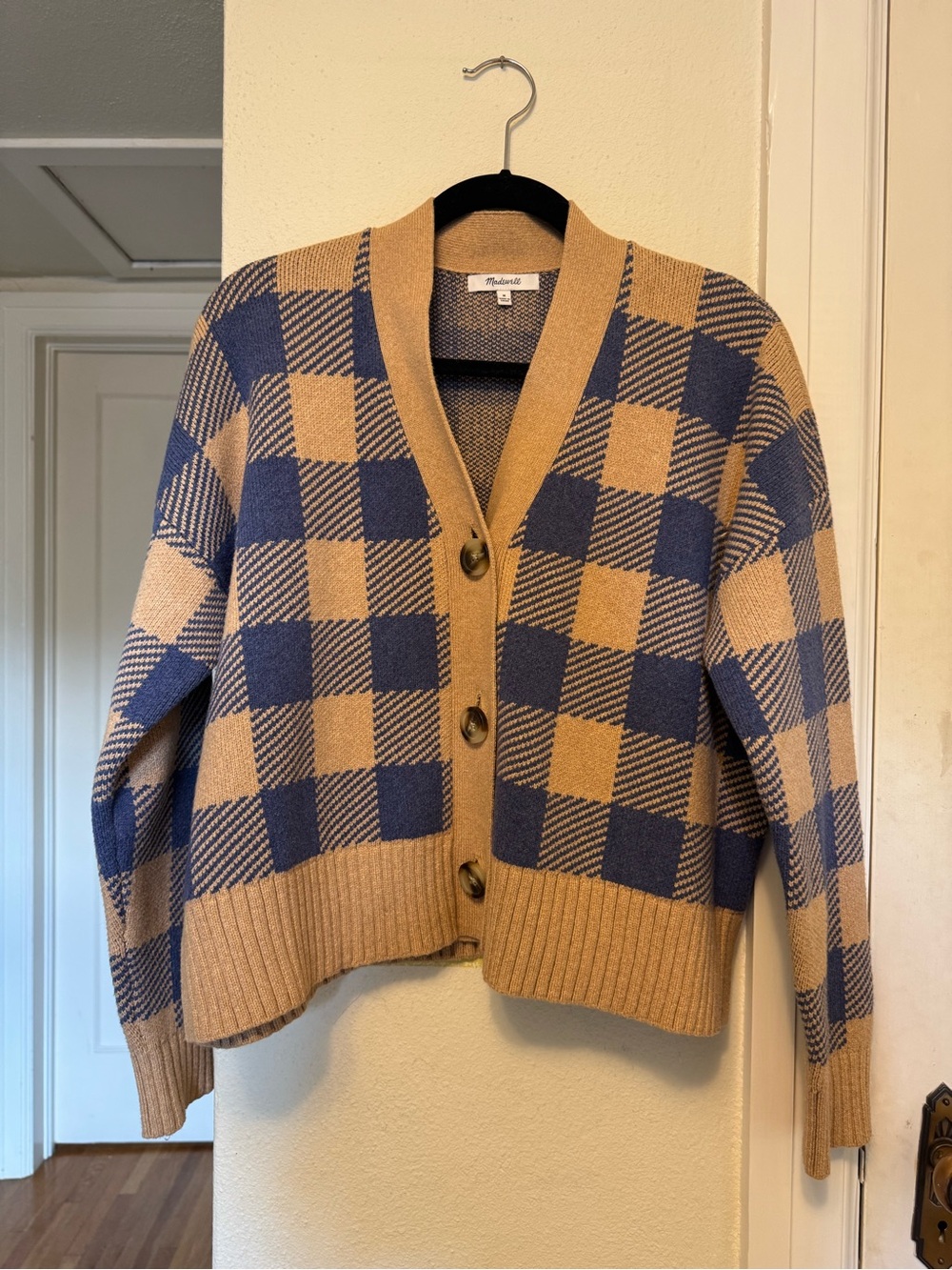 Madewell Checked Button-Up Cardigan Sweater in Tan and Blue